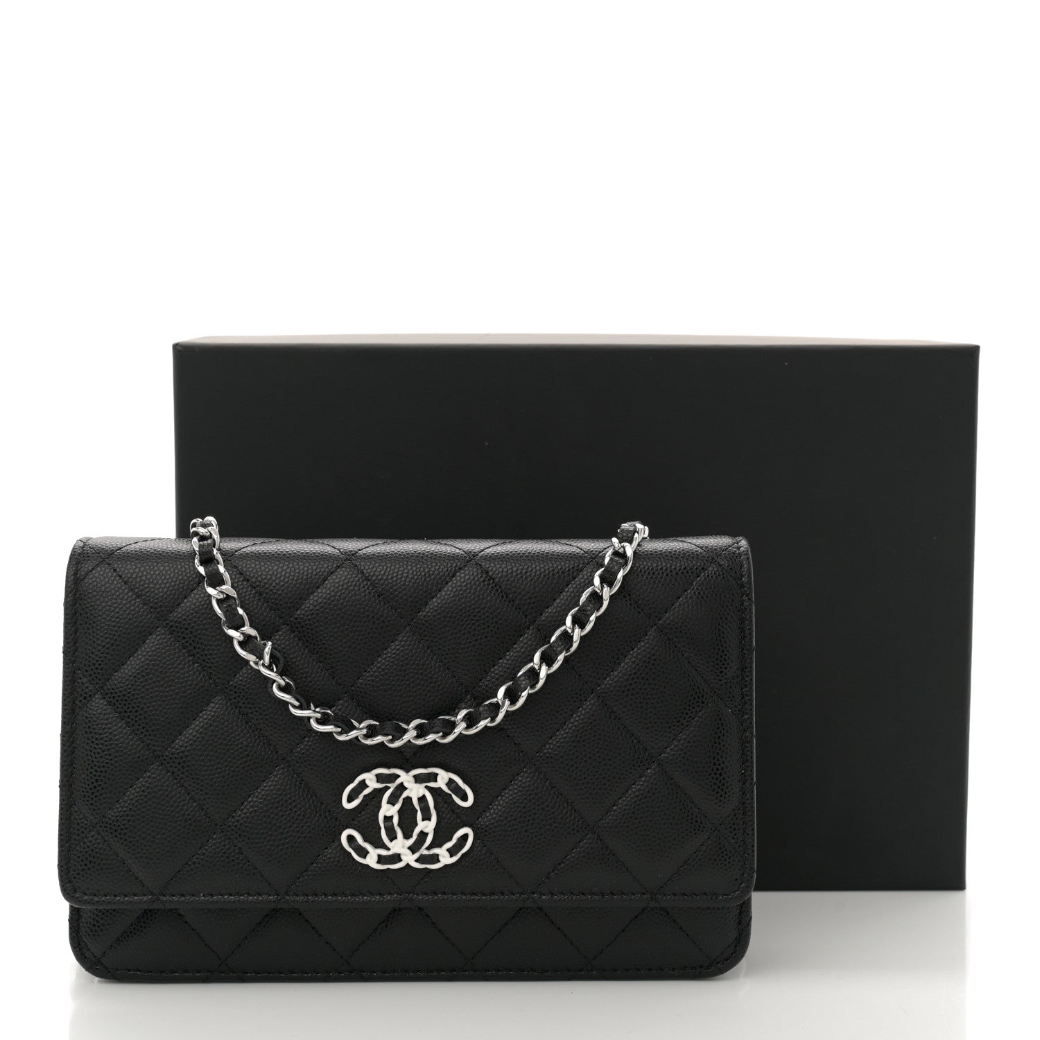 Caviar Quilted Chanel 19 Wallet On Chain WOC Black White