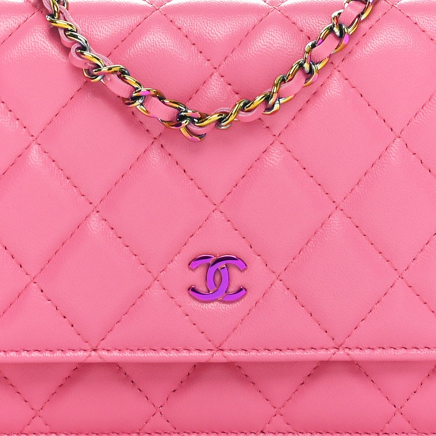 Lambskin Quilted Wallet On Chain WOC Pink Yellow
