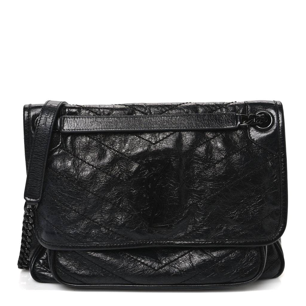 Crinkled Calfskin Matelasse Monogram Medium Niki Chain Satchel Black