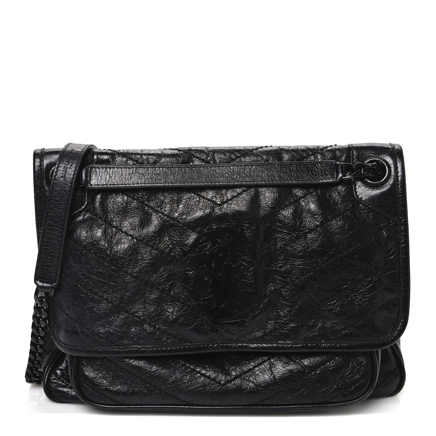 Crinkled Calfskin Matelasse Monogram Medium Niki Chain Satchel Black