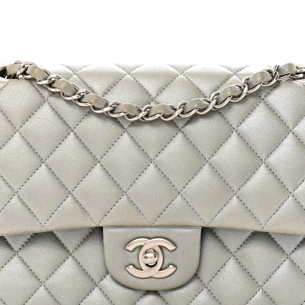 Metallic Lambskin Quilted Medium Double Flap Silver