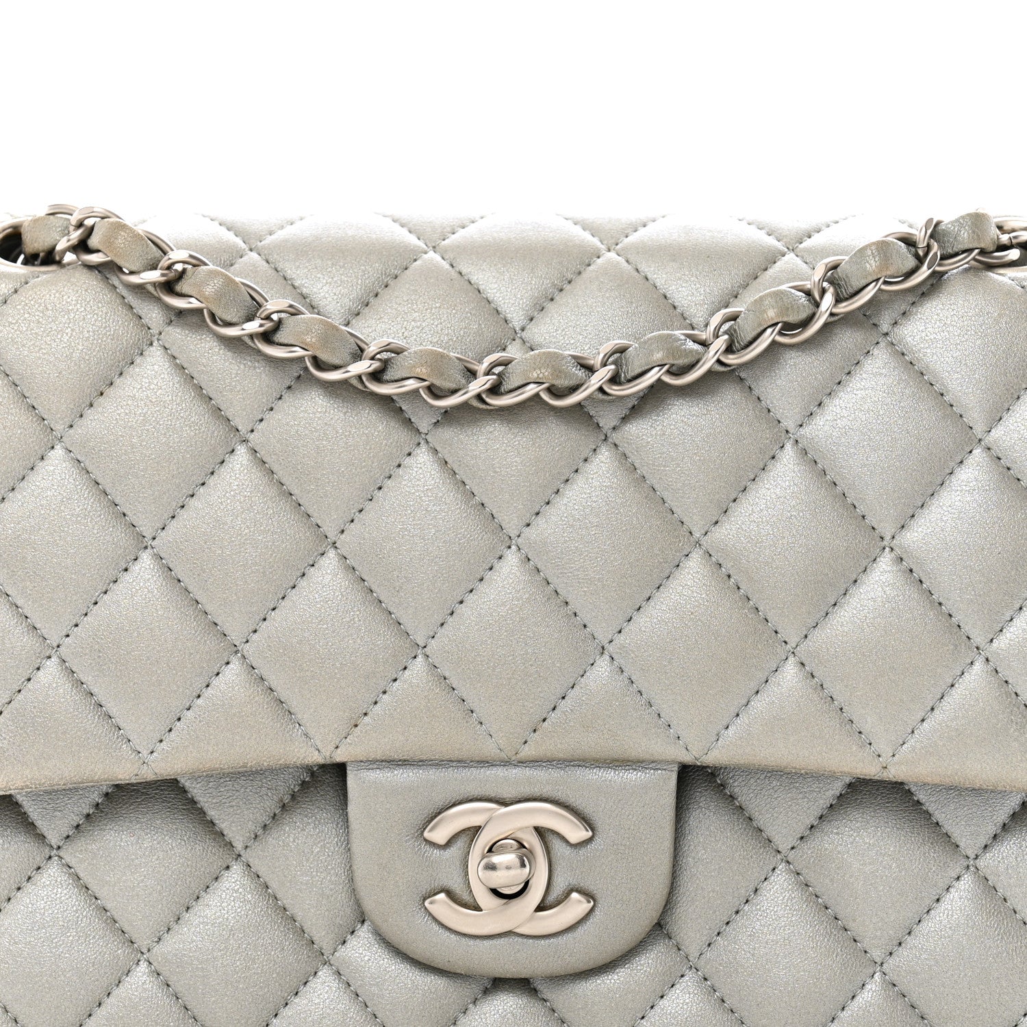 Metallic Lambskin Quilted Medium Double Flap Silver