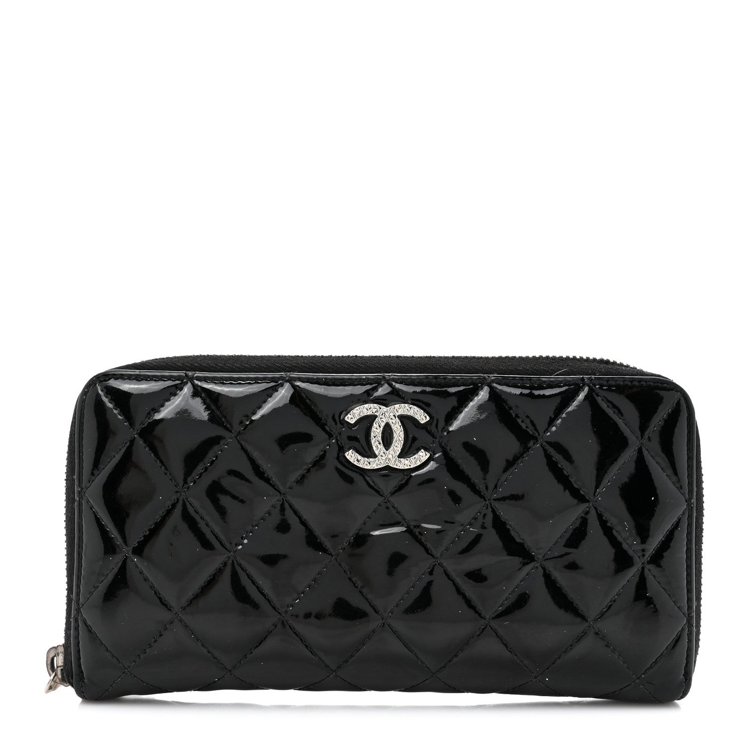Patent Quilted Brilliant Zip Around Wallet Black
