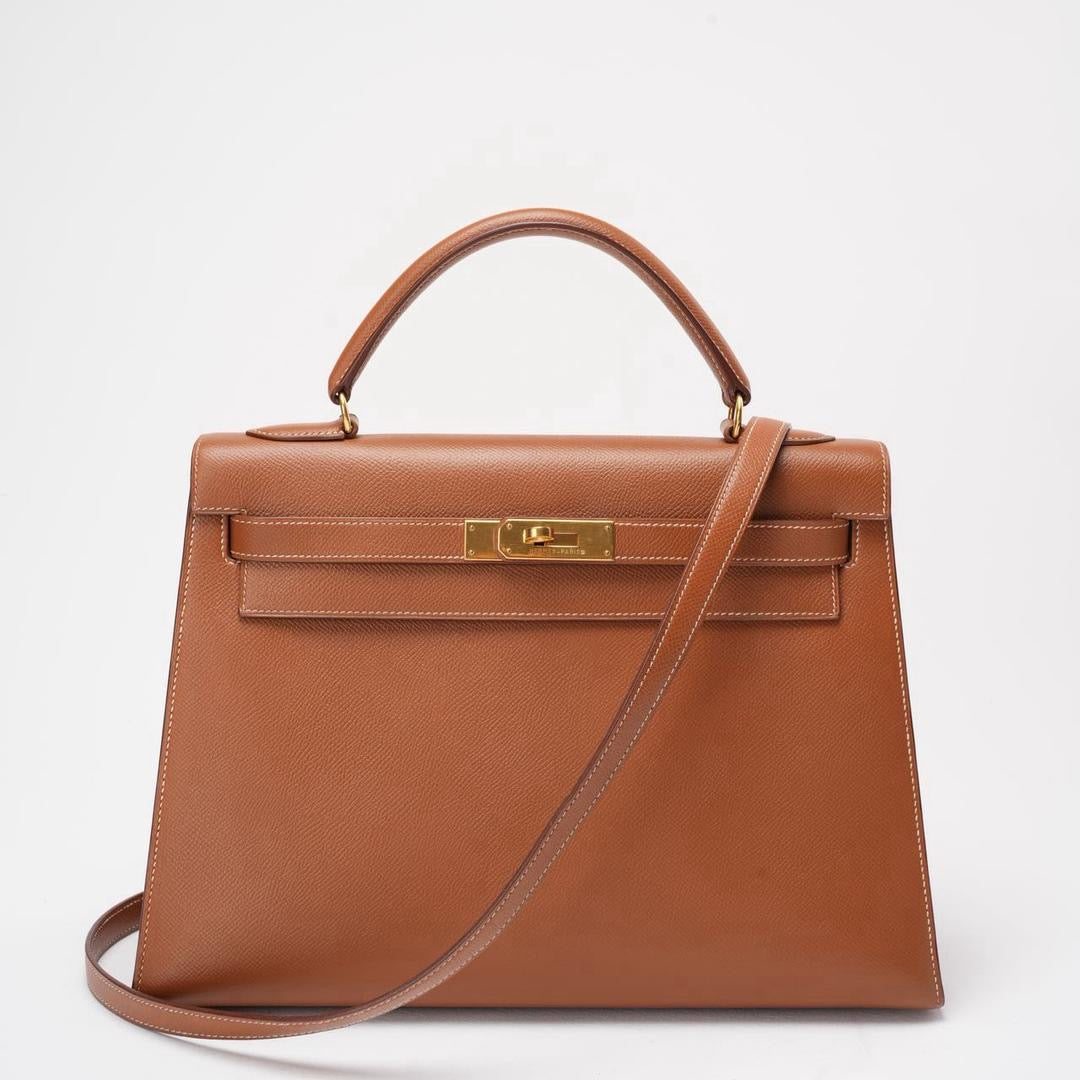 Hermès Vintage Kelly Sellier 32 Gold Leather V Cricle 1992