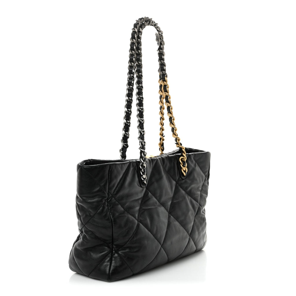 Lambskin Quilted Chanel 19 East West Shopping Bag Black