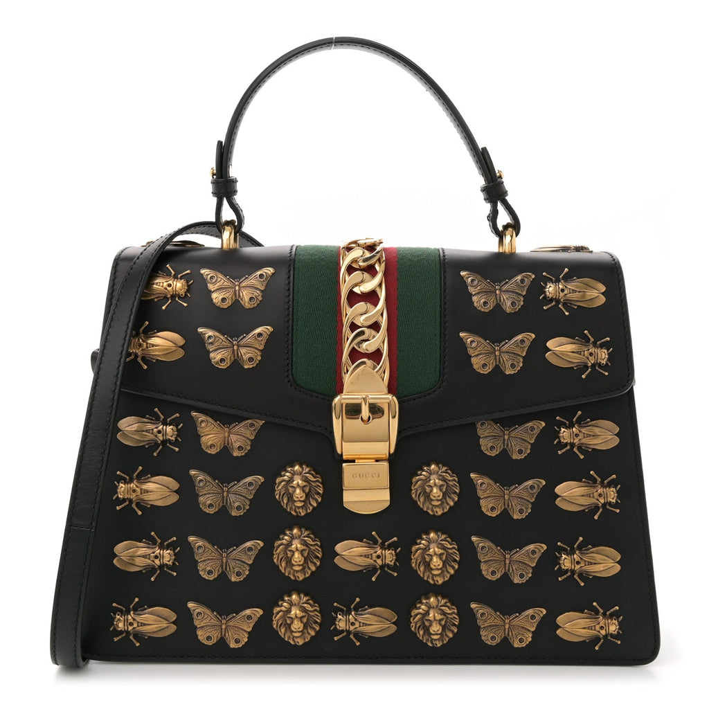 Calfskin Animal Studs Medium Sylvie Top Handle Bag Black
