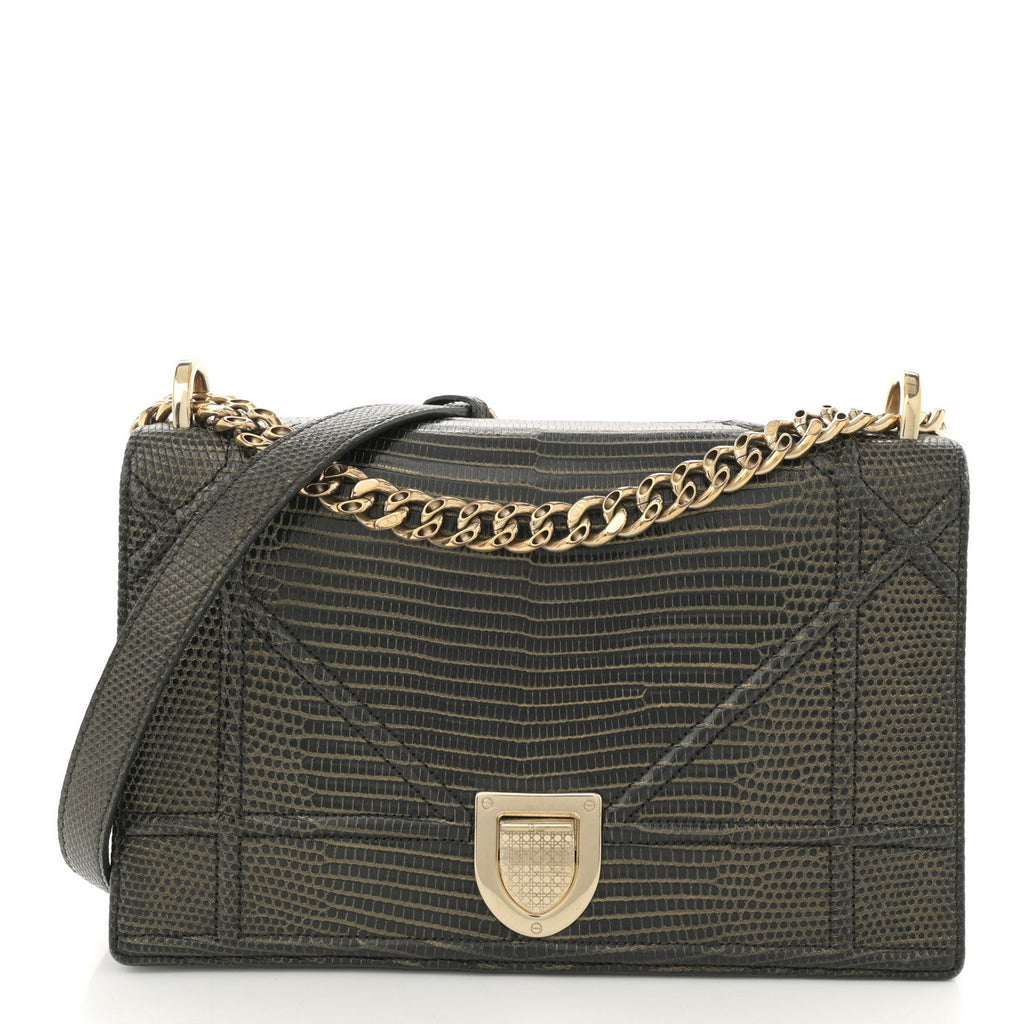 Lizard Medium Diorama Flap Bag Black Gold