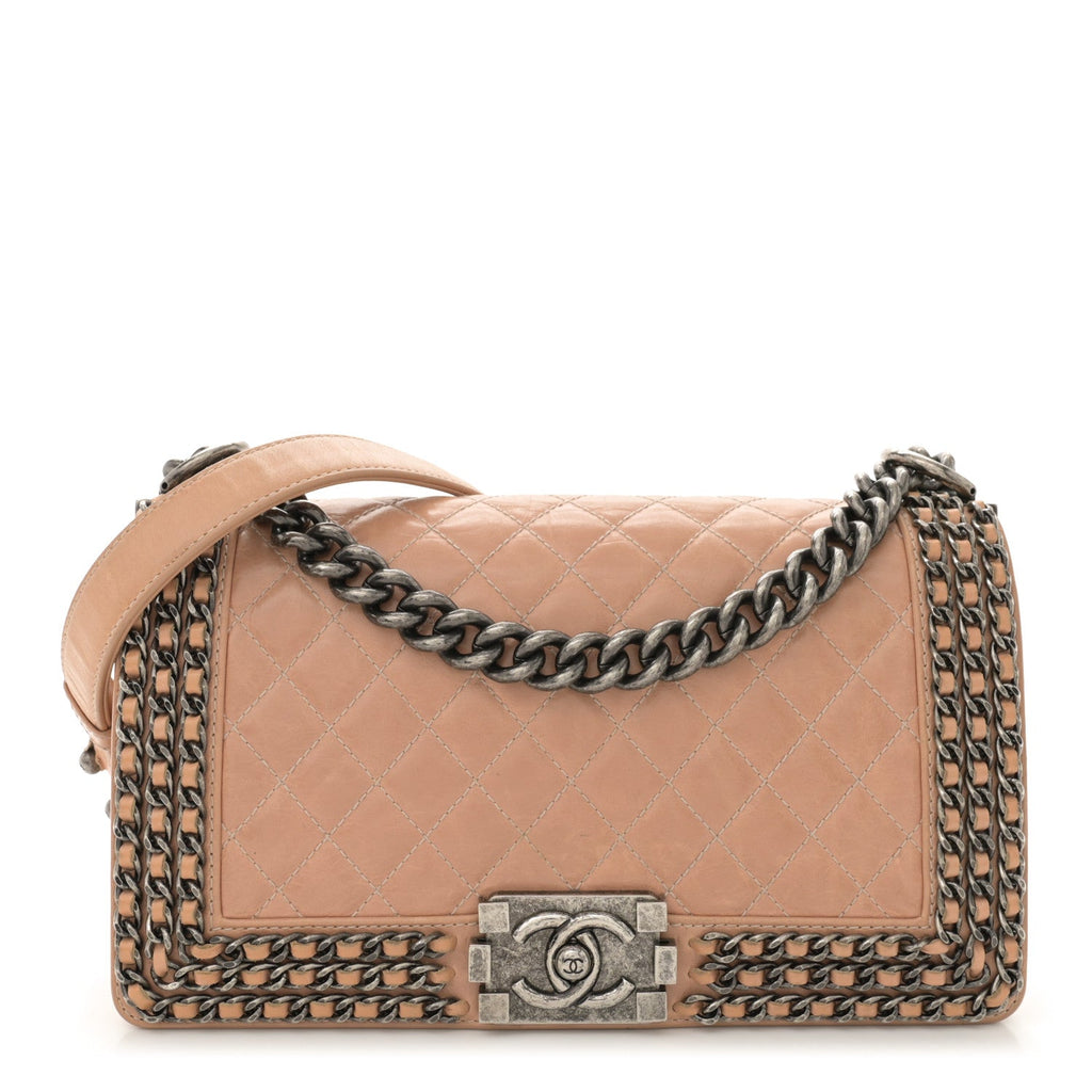 Glazed Calfskin Quilted Medium Boy Chained Flap Beige