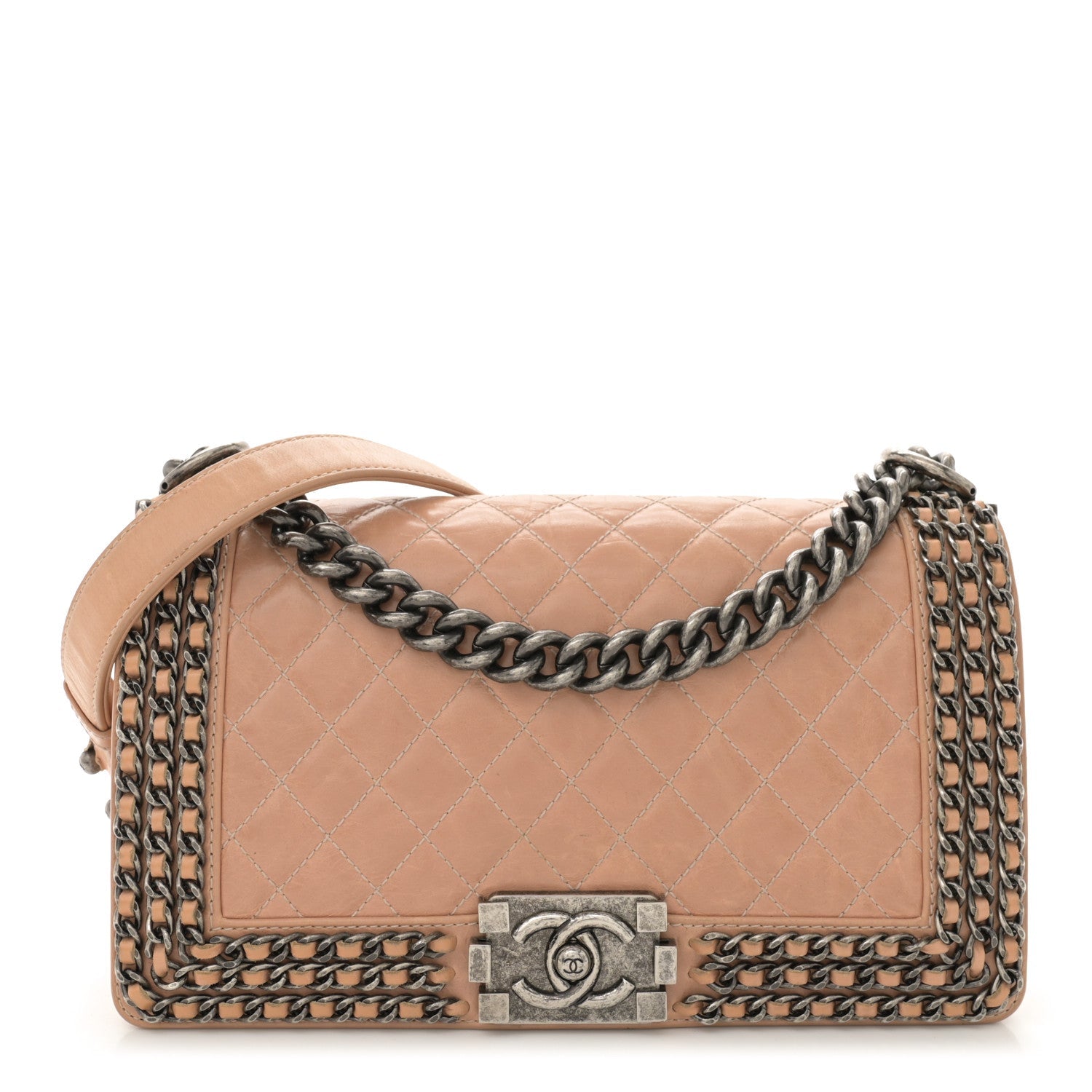 Glazed Calfskin Quilted Medium Boy Chained Flap Beige