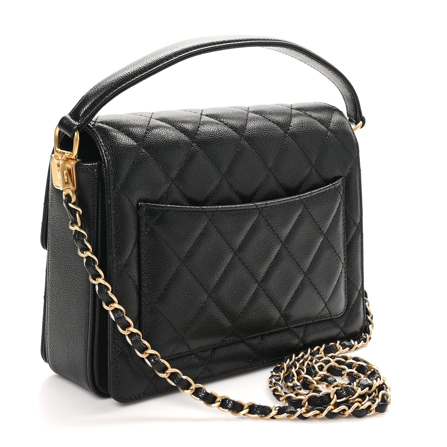 Shiny Caviar Quilted Small Top Handle Flap  Black