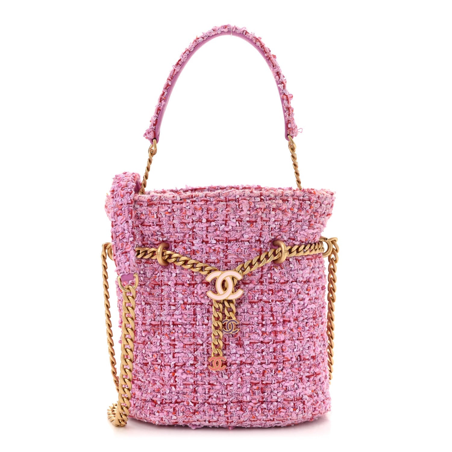 Tweed Enamel Quilted Pending CC Bucket Drawstring Bag Pink Purple