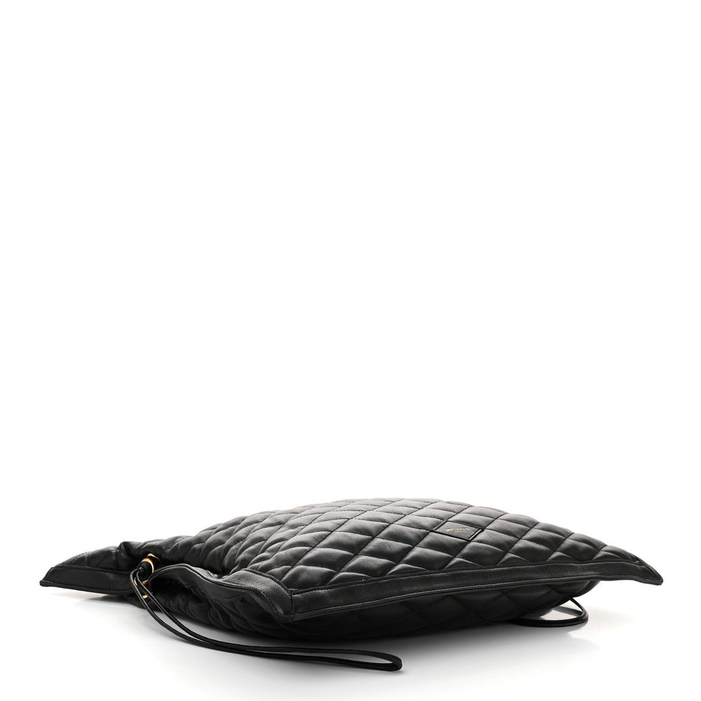 Lambskin Quilted Pochon Drawstring Tote Bag Black