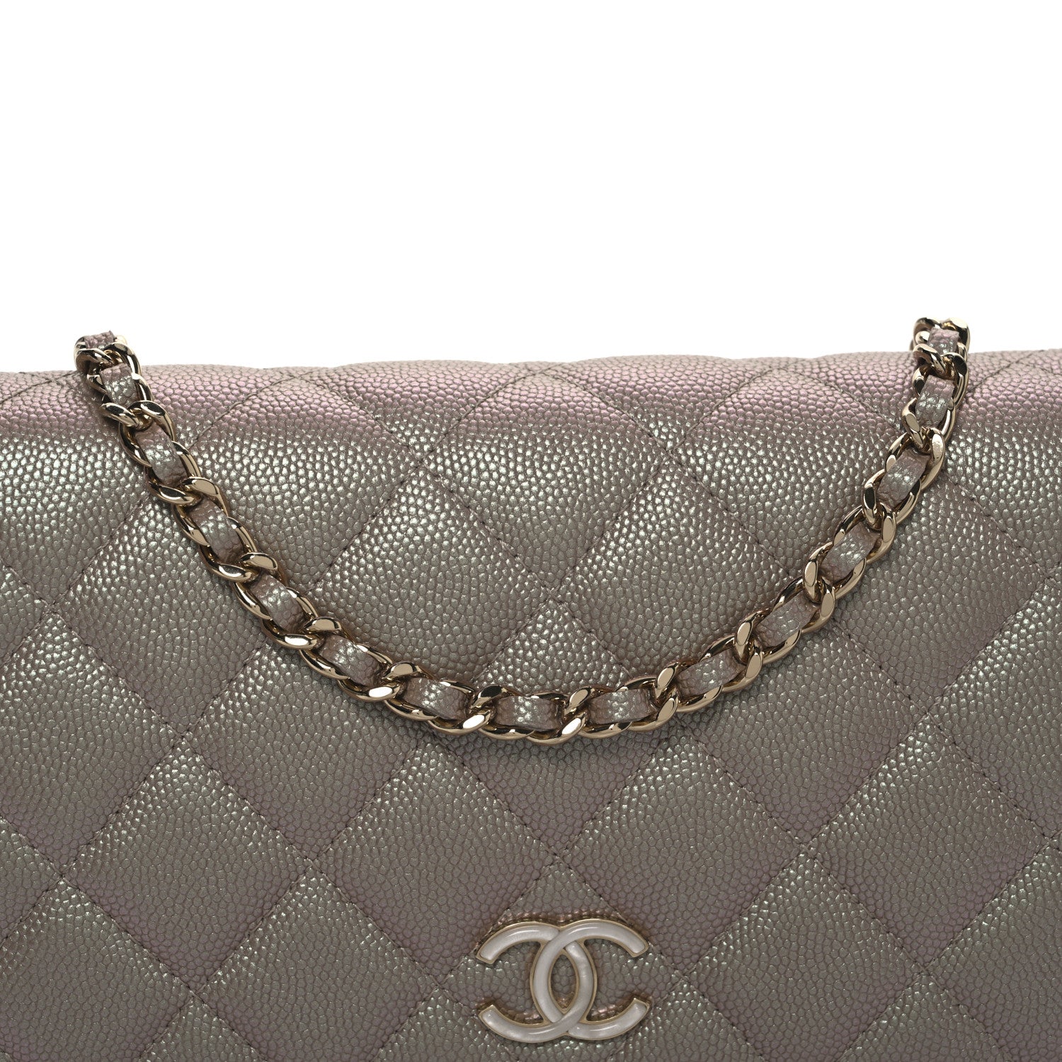 Iridescent Caviar Quilted Wallet on Chain WOC Beige