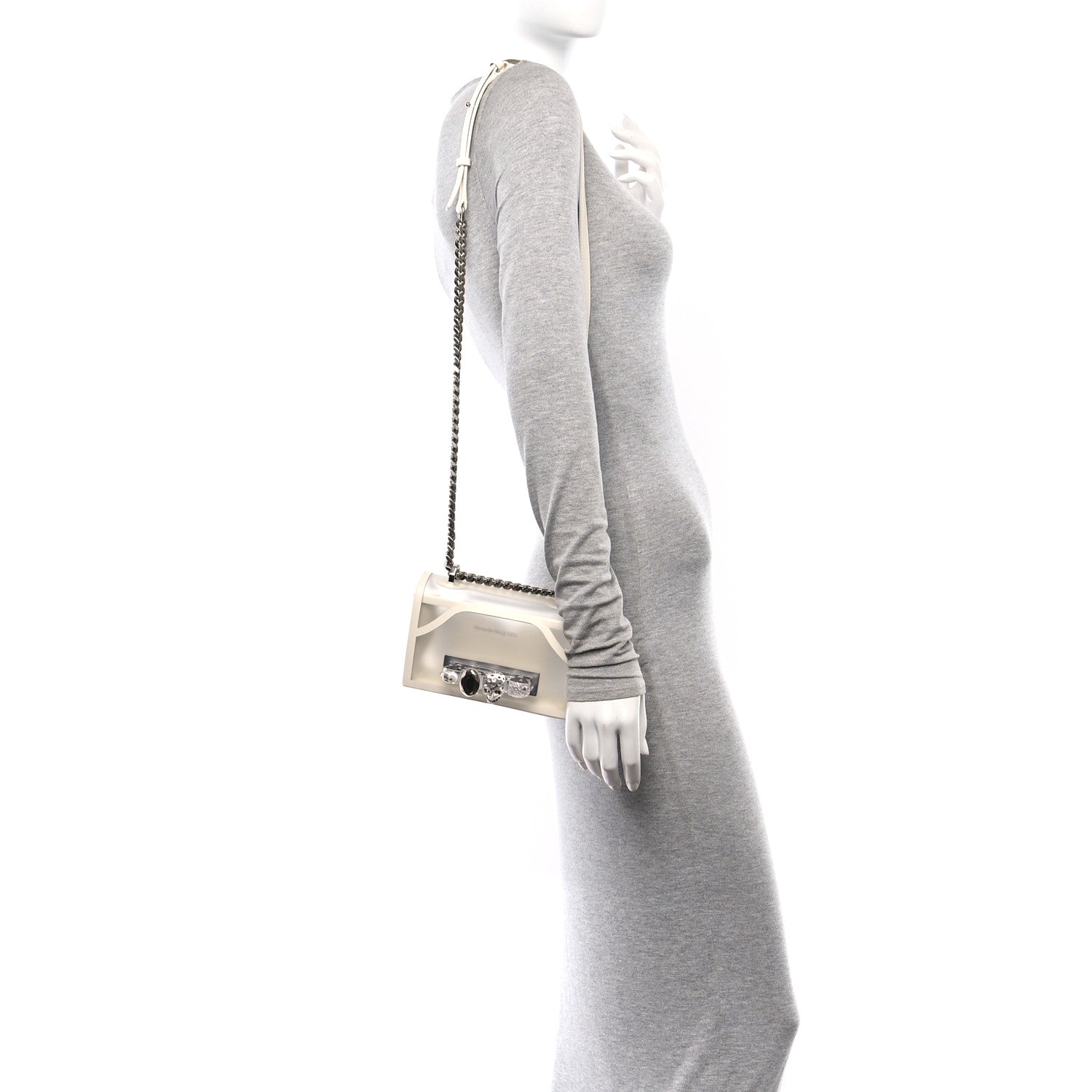 Calfskin Polyurethane Mini Jeweled Knuckle Satchel Clear White
