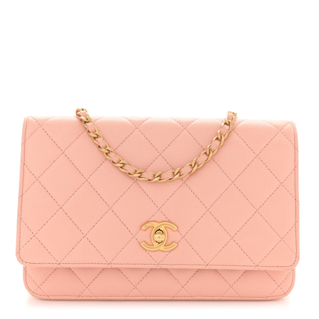 Lambskin Quilted CC Pearl Crush Wallet on Chain WOC Light Orange