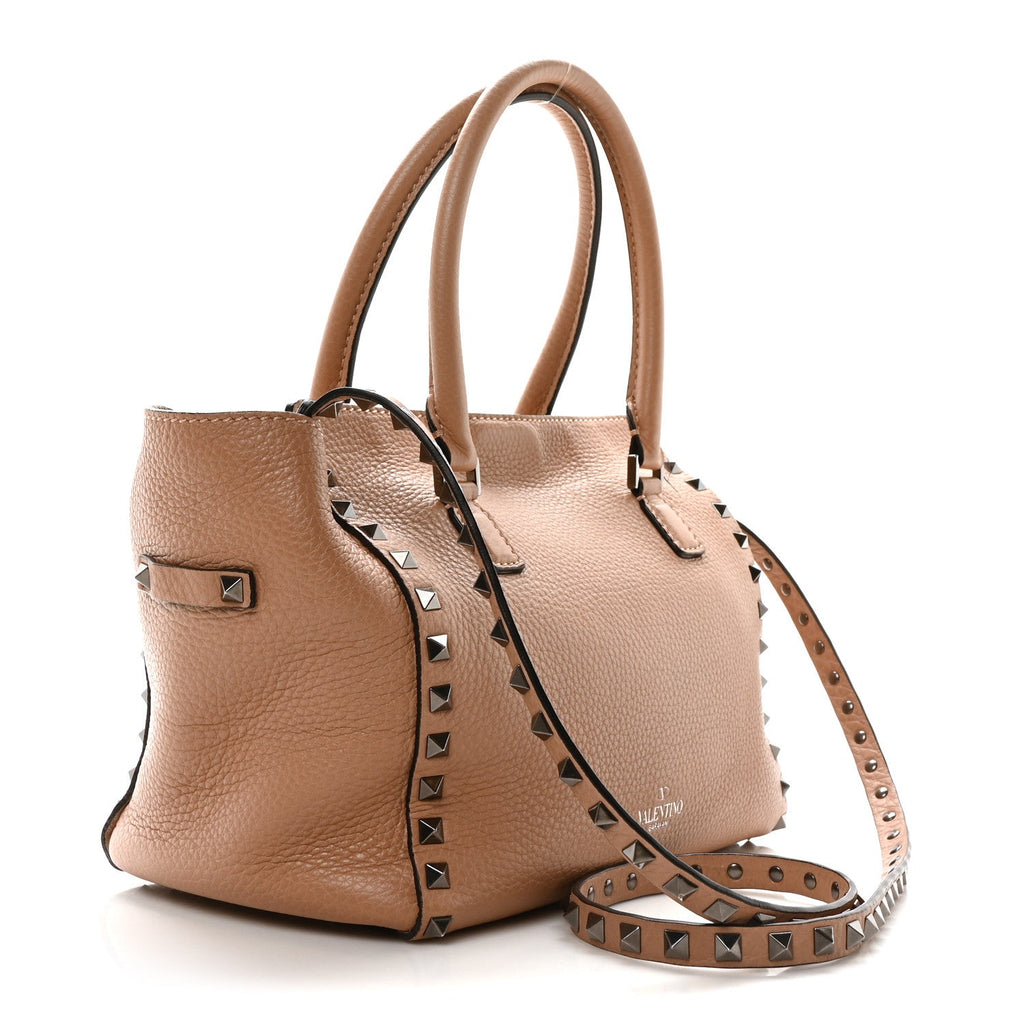 Pebbled Calfskin Small Rockstud Double Handle Tote Soft Noisette