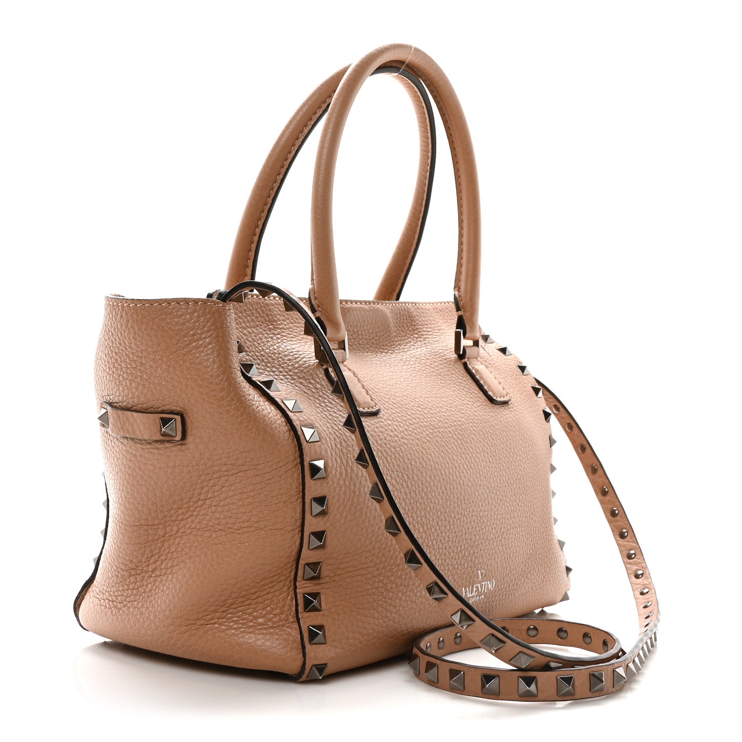 Pebbled Calfskin Small Rockstud Double Handle Tote Soft Noisette
