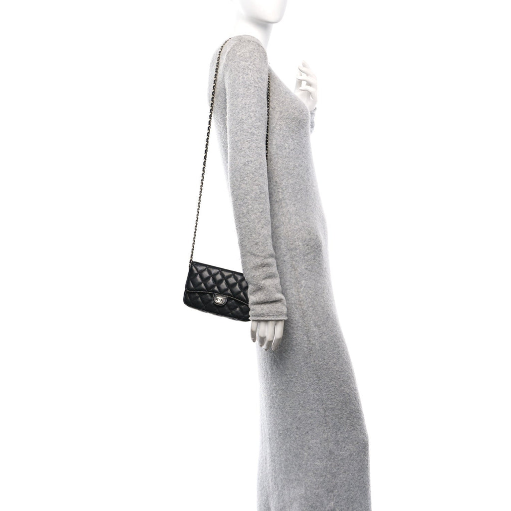 Caviar Quilted Flap Phone Holder With Chain Black