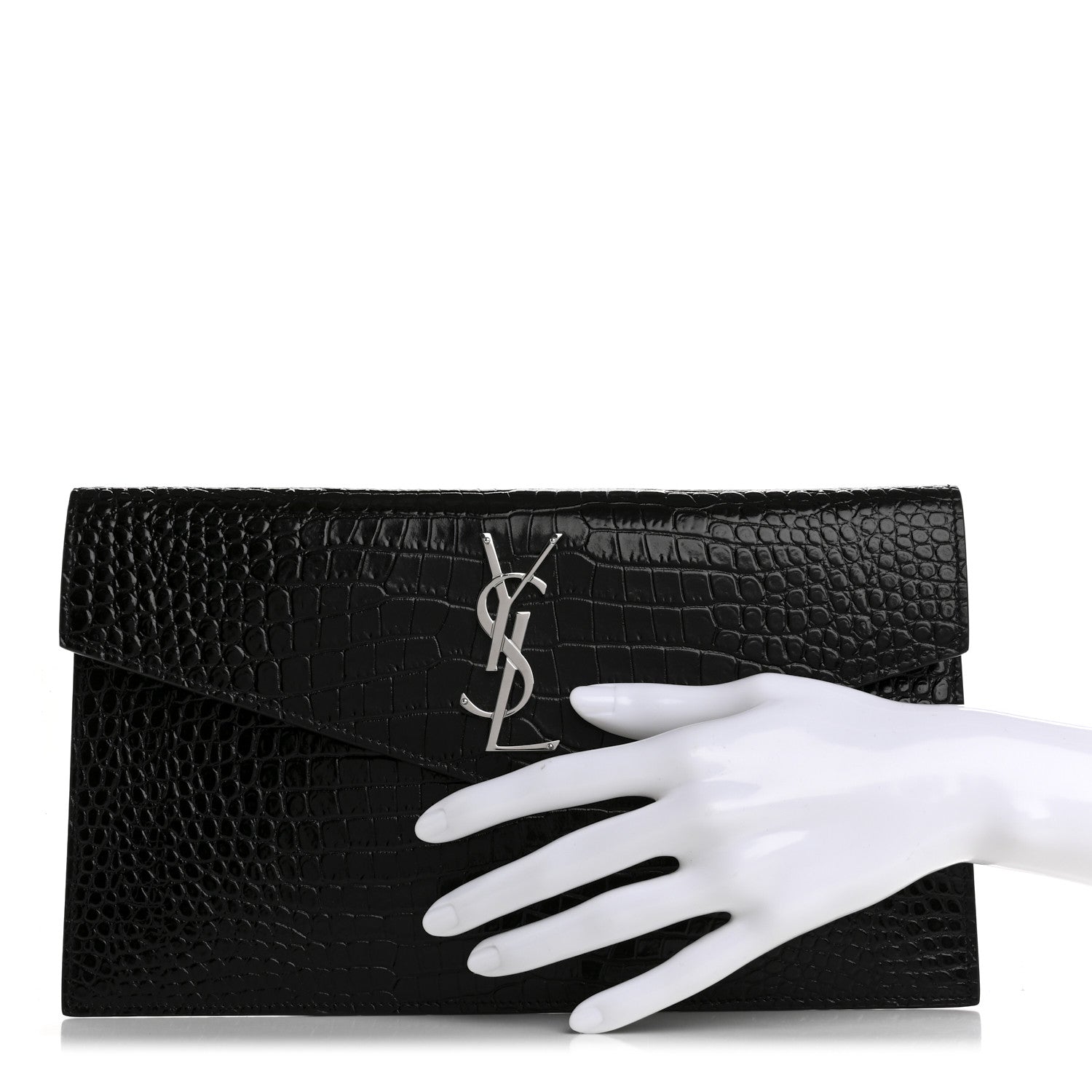 Calfskin Crocodile Embossed Uptown Monogram Pouch Black