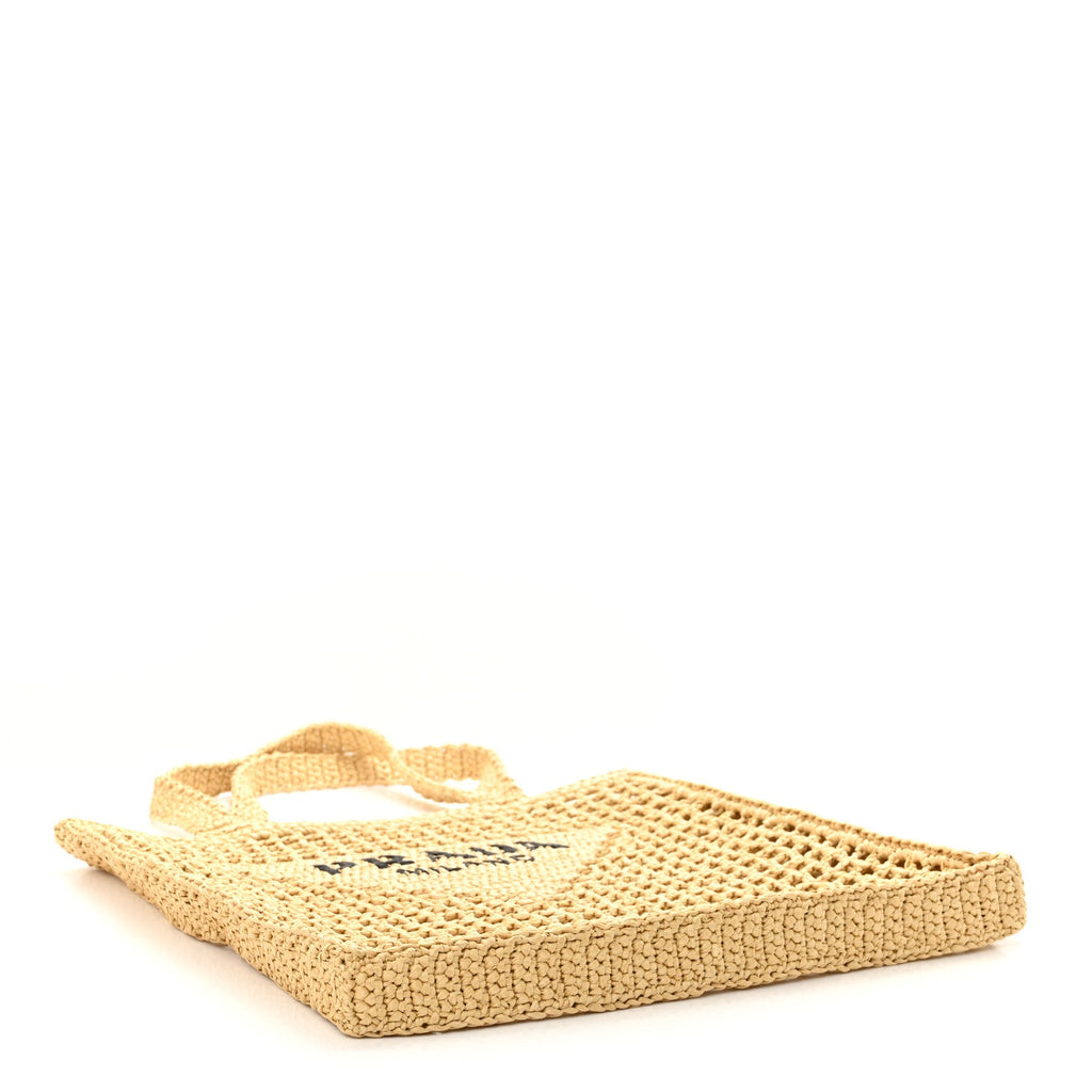 Yarn Raffia Effect Crochet Logo Embroidered Tote Bag Naturale
