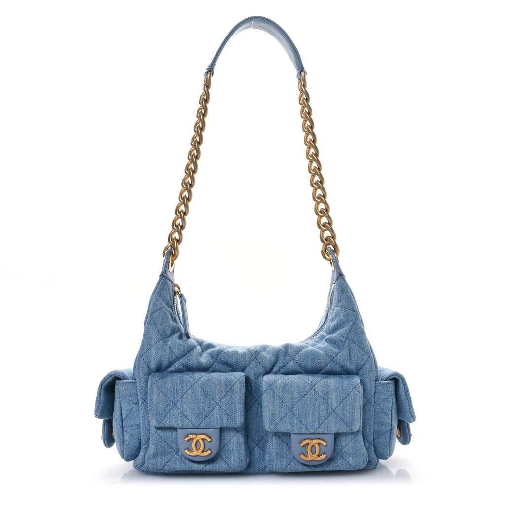 Washed Denim Quilted Cargo Large Hobo Light Blue
