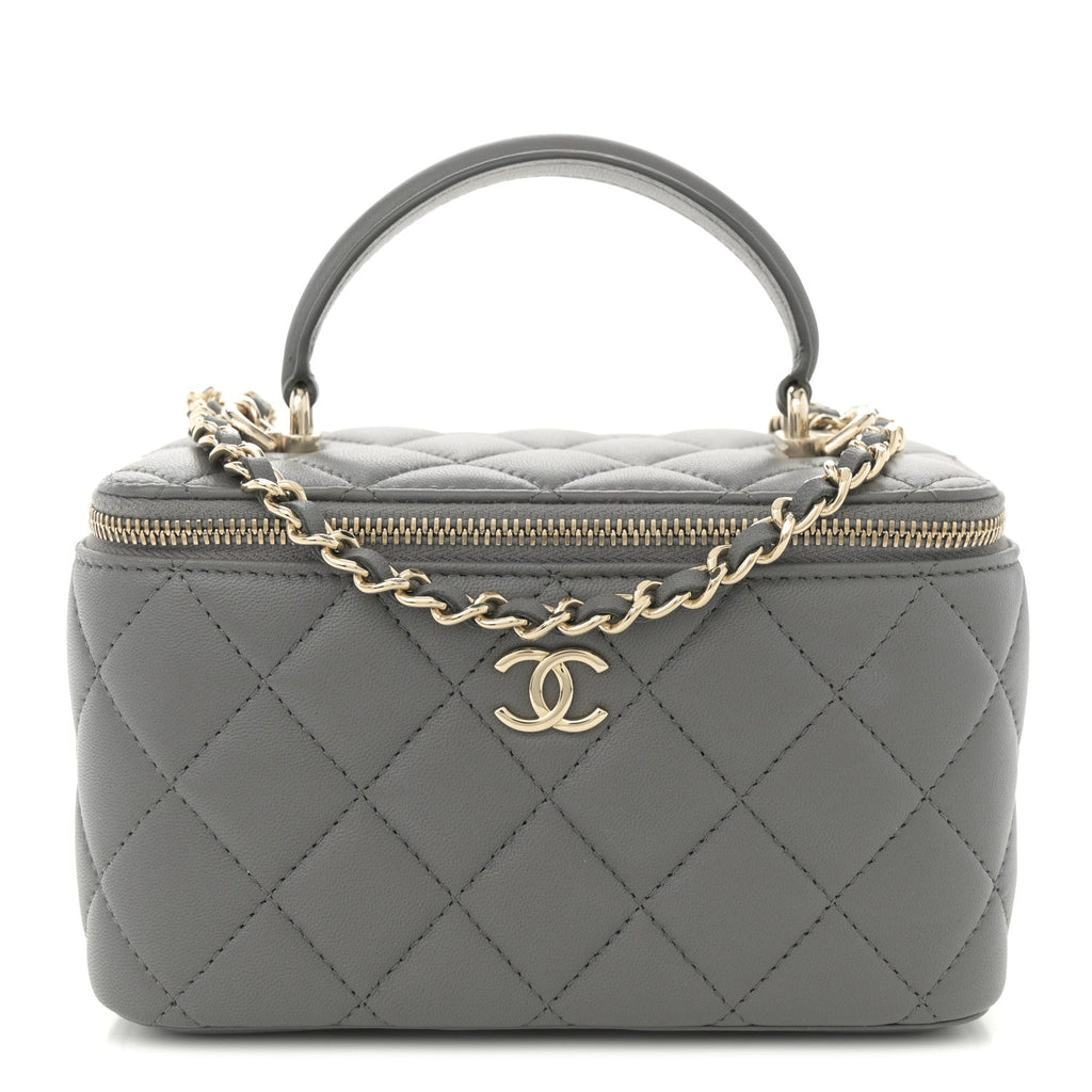 Lambskin Quilted Small Top Handle Vanity Case With Chain Dark Grey