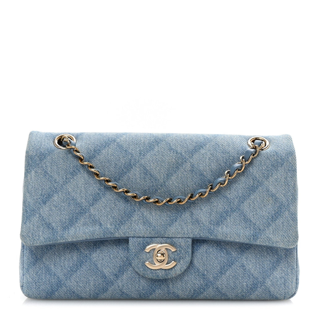 Printed Denim Quilted Medium Double Flap Light Blue