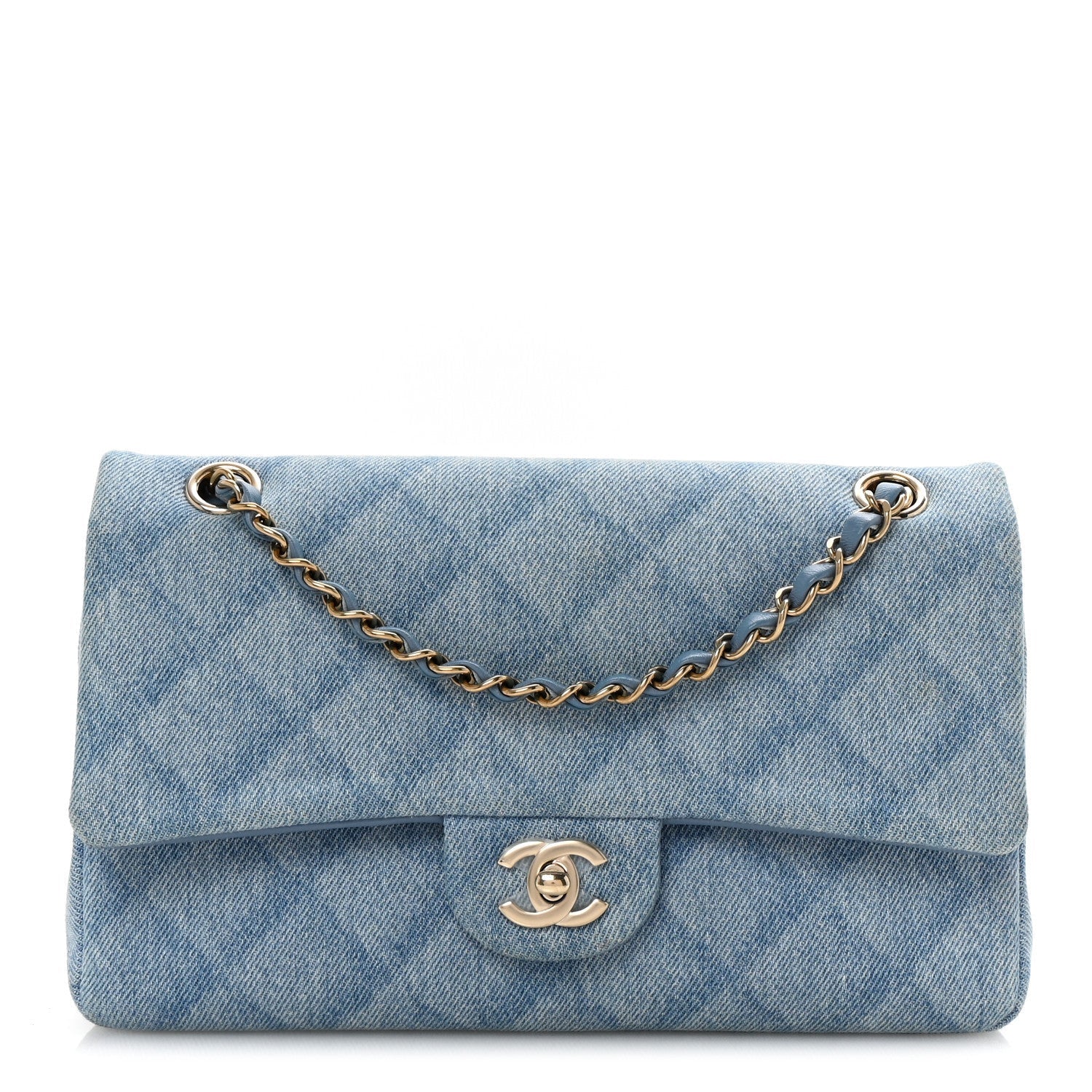 Printed Denim Quilted Medium Double Flap Light Blue