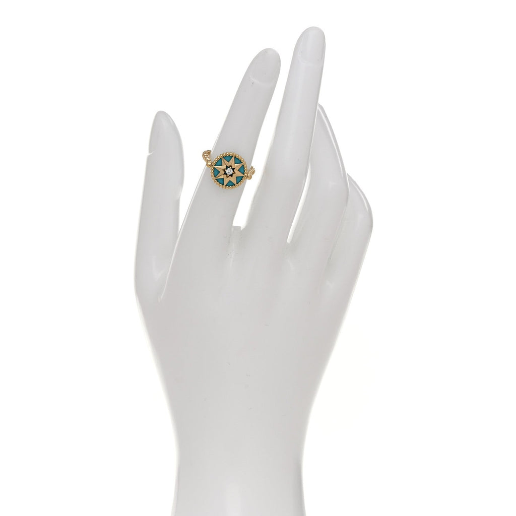 18K Yellow Gold Diamond Turquoise Rose Des Vents Ring 50 5.25