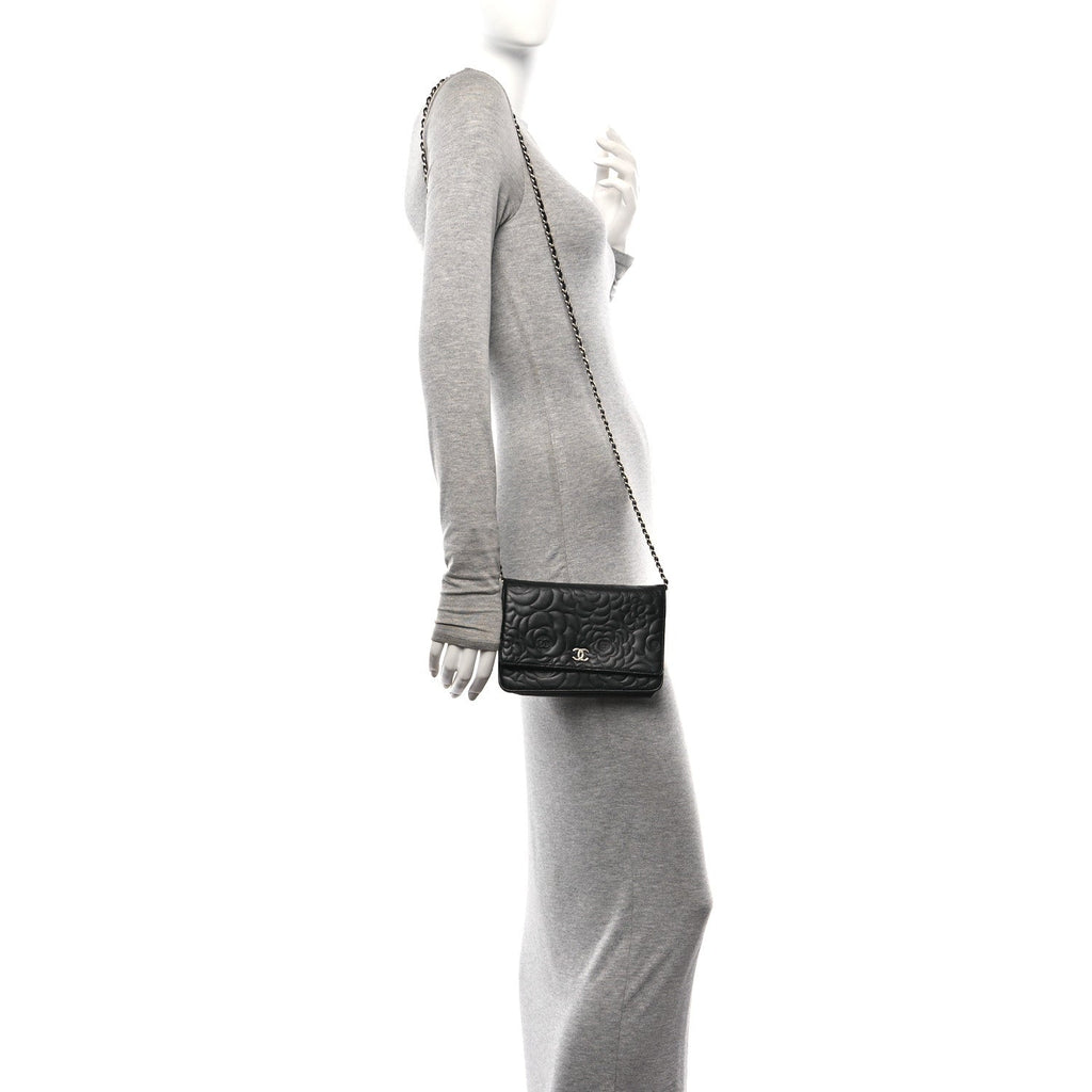 Lambskin Camellia Embossed Wallet On Chain WOC Black