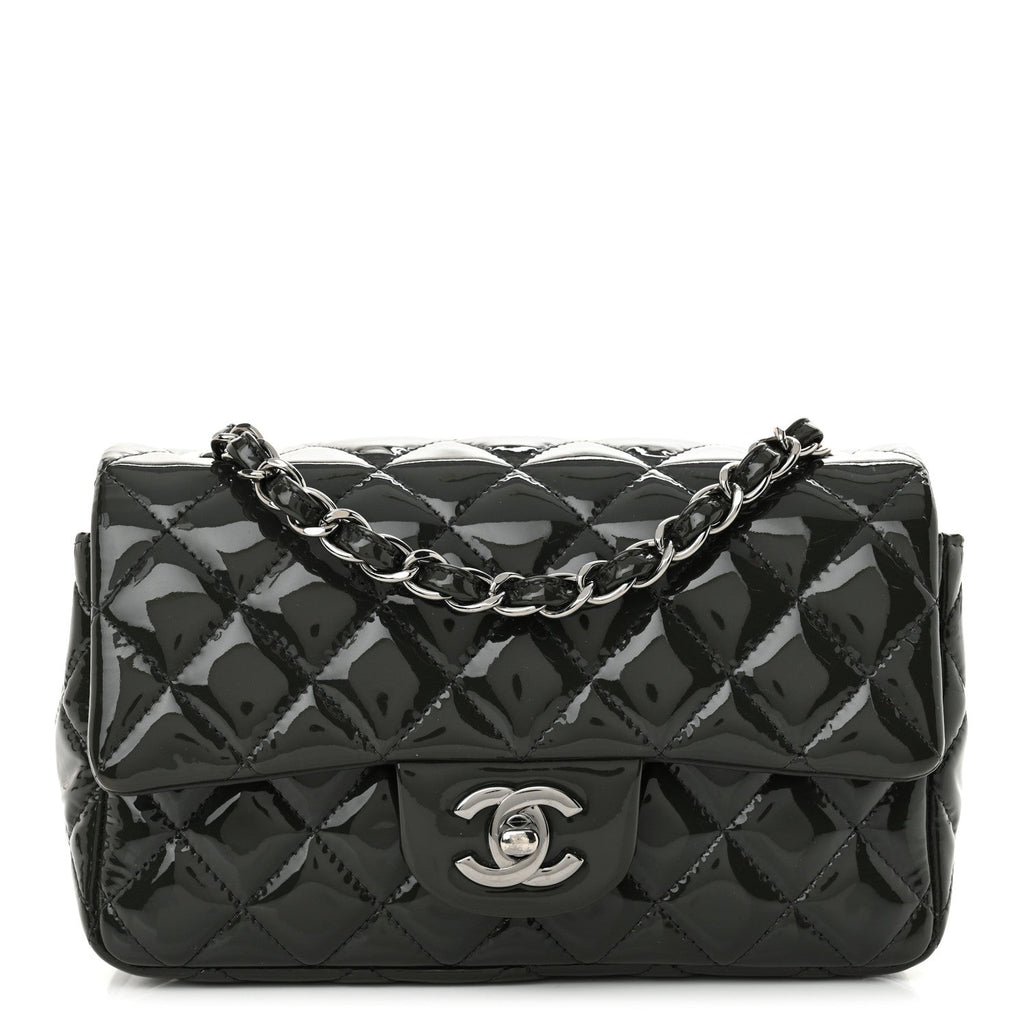 Patent Calfskin Quilted Mini Rectangular Flap Grey