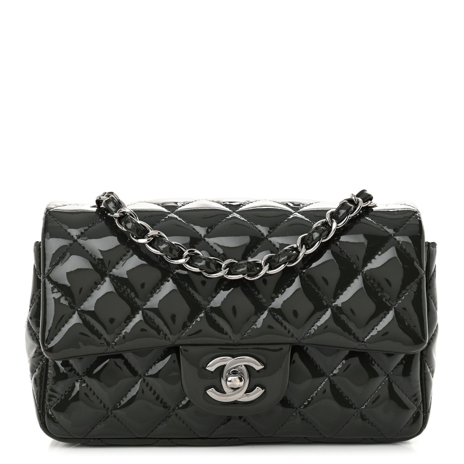 Patent Calfskin Quilted Mini Rectangular Flap Grey