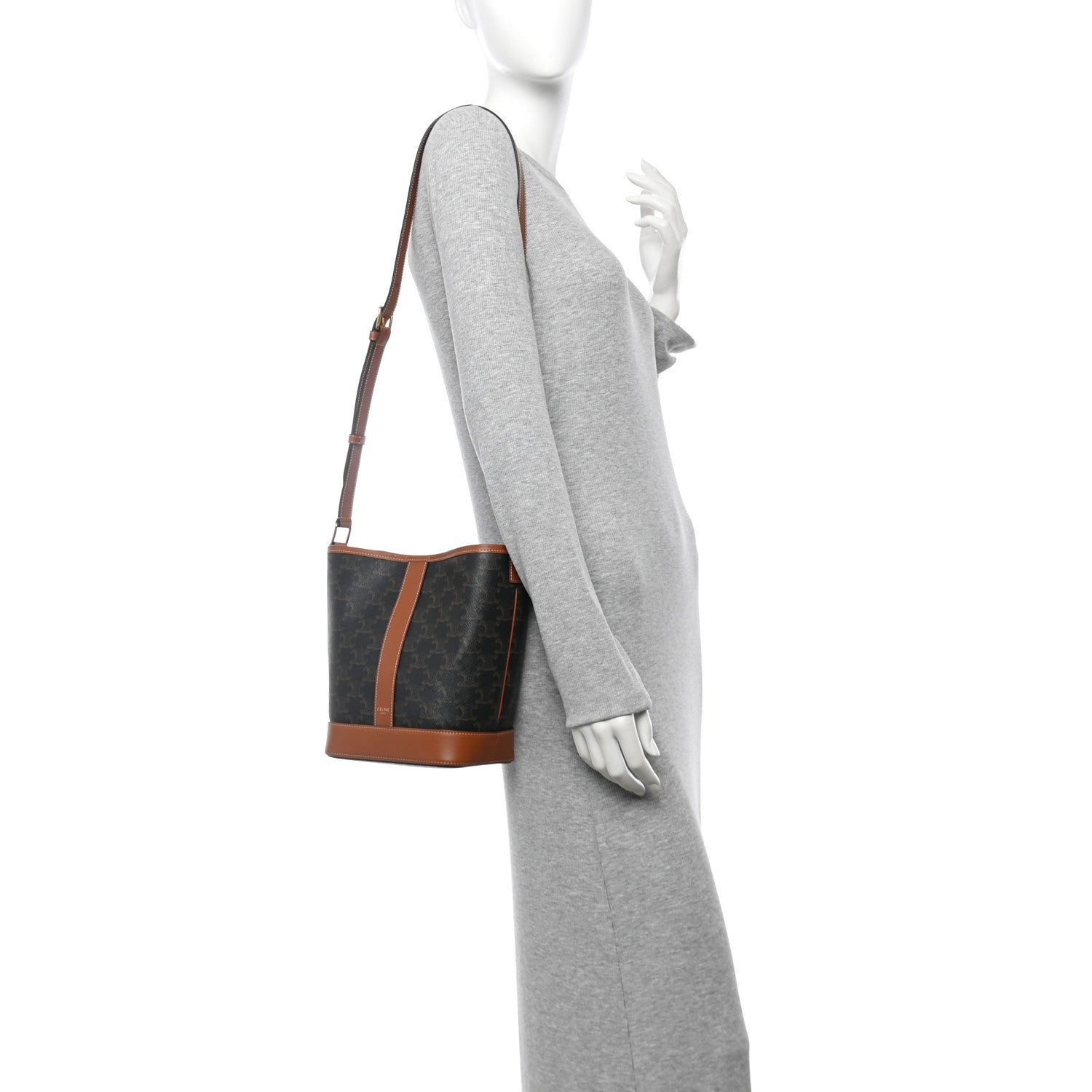 Triomphe Canvas Calfskin Small Bucket Bag Tan