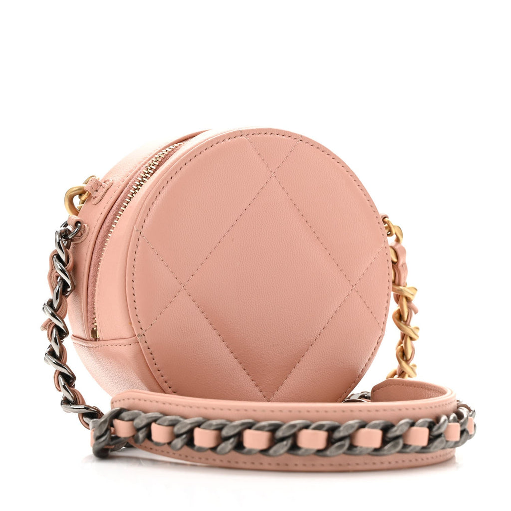 Lambskin Quilted Chanel 19 Round Clutch With Chain Light Pink