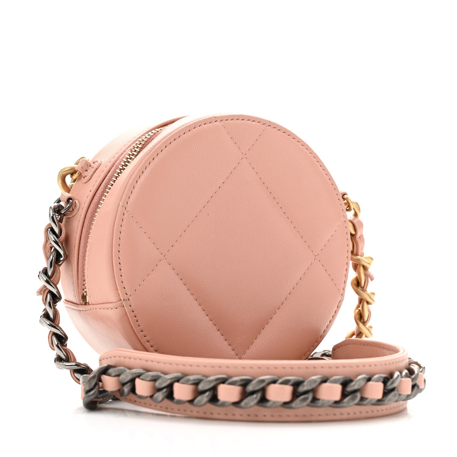 Lambskin Quilted Chanel 19 Round Clutch With Chain Light Pink