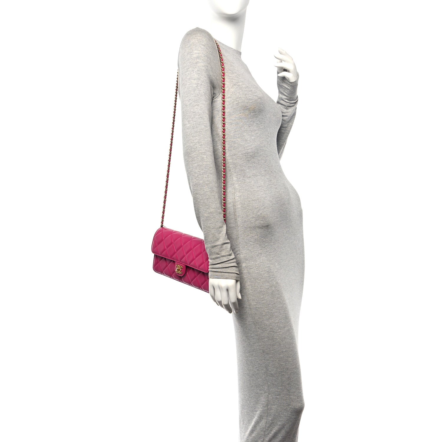 Shiny Lambskin Quilted Flap Clutch Bag Dark Pink