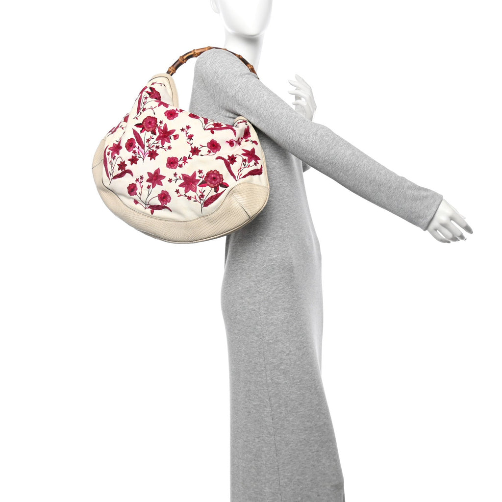 Lizard Canvas Embroidered Peggy Bamboo Top Handle Hobo White Pink
