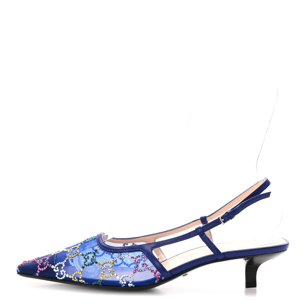 Tela Retino Nappa Charlotte Crystal GG Monogram Square G 35mm Slingback Pumps 39 Splash Net Blue Witch