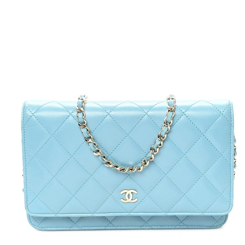 Lambskin Quilted Mini Wallet On Chain WOC Light Blue
