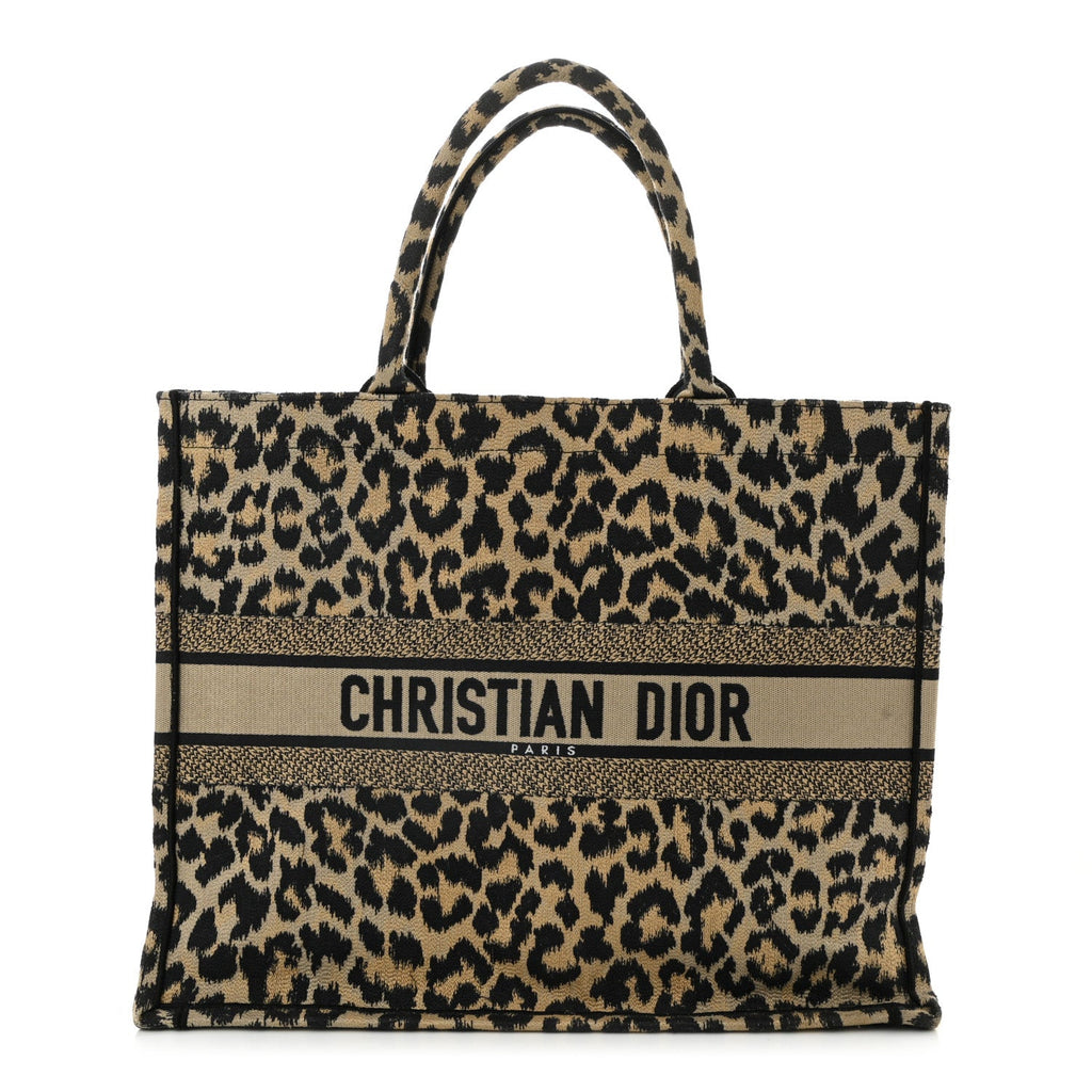 Canvas Mizza Embroidered Large Leopard Book Tote Beige