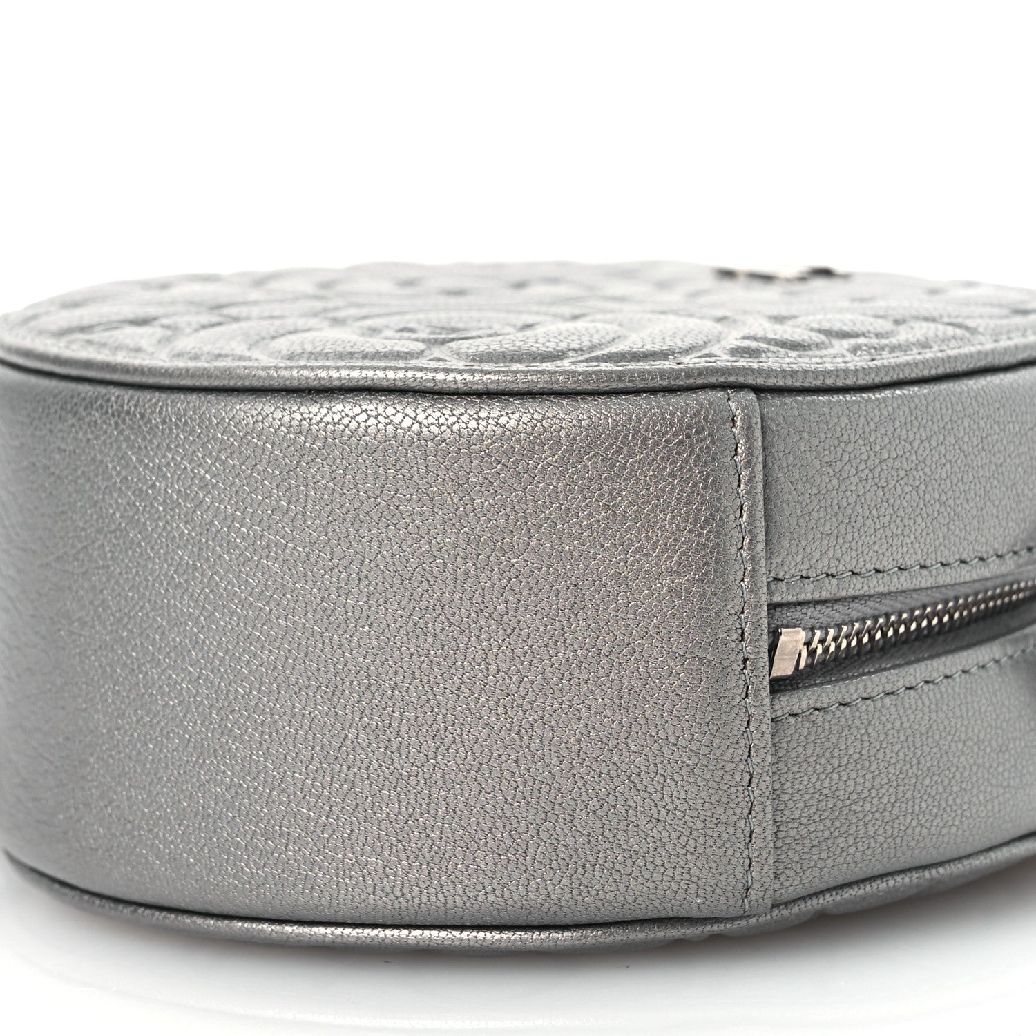 Goatskin Camellia Embossed Round Clutch With Chain Grey