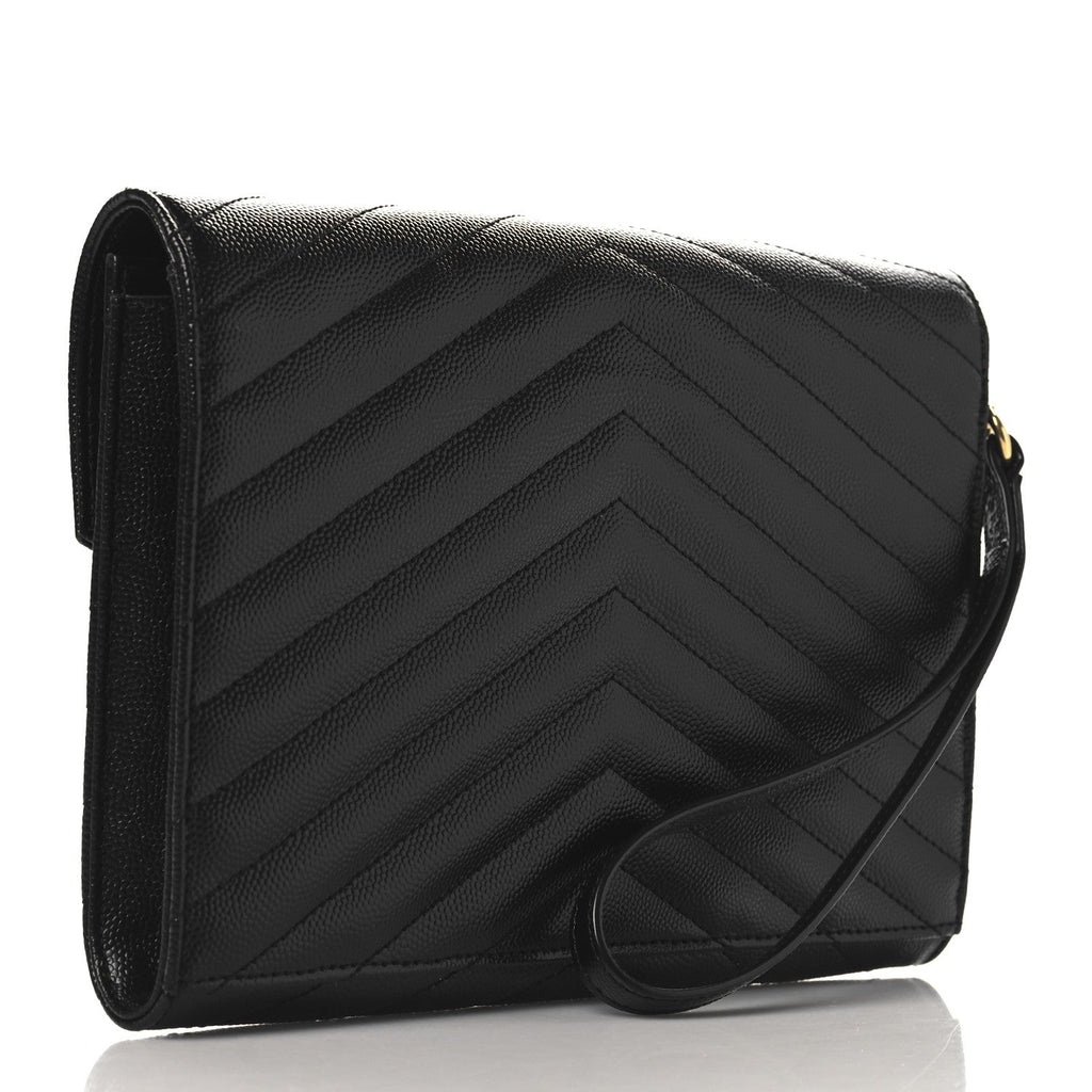 Grain De Poudre Matelasse Chevron Monogram Envelope Clutch Black
