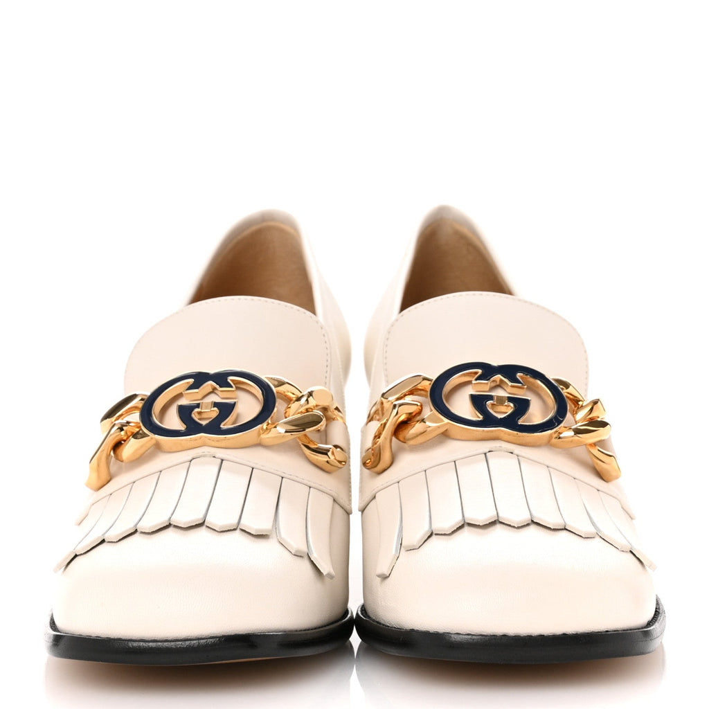 Malaga Kid Interlocking G Fringe 55mm Loafer Pumps 39 Mystic White