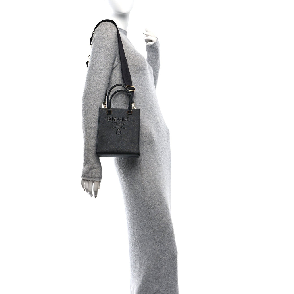 Saffiano Lux Embossed Logo Mini Shoulder Bag Black