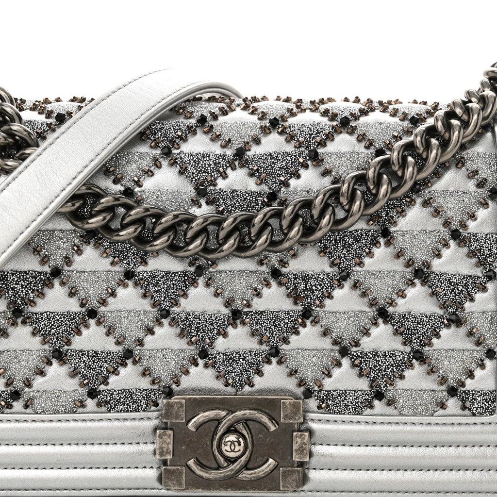 Metallic Lambskin Embellished Medium Boy Flap Silver
