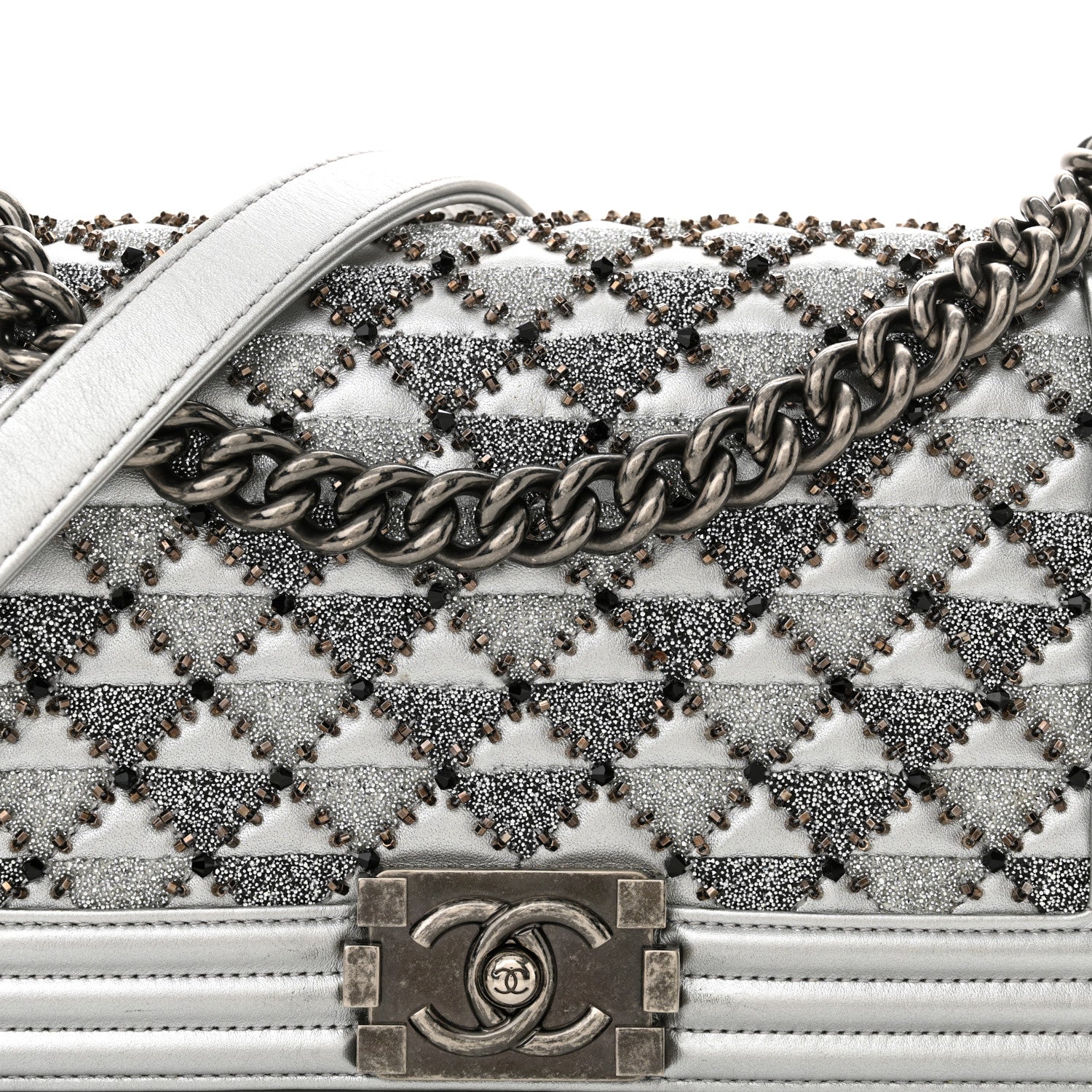 Metallic Lambskin Embellished Medium Boy Flap Silver
