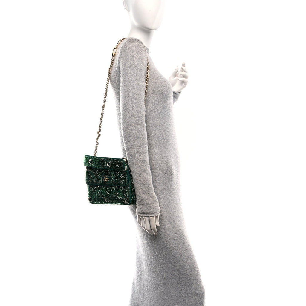 Crystal Suede Enamel Medium Roman Stud Shoulder Bag Green