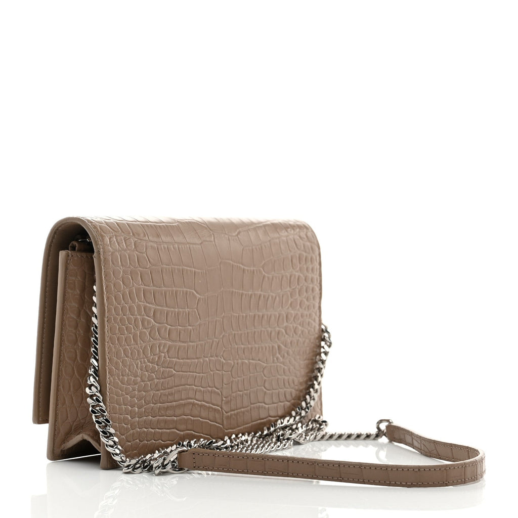 Calfskin Crocodile Embossed Small Classic Monogram Kate Tassel Satchel Dark Beige