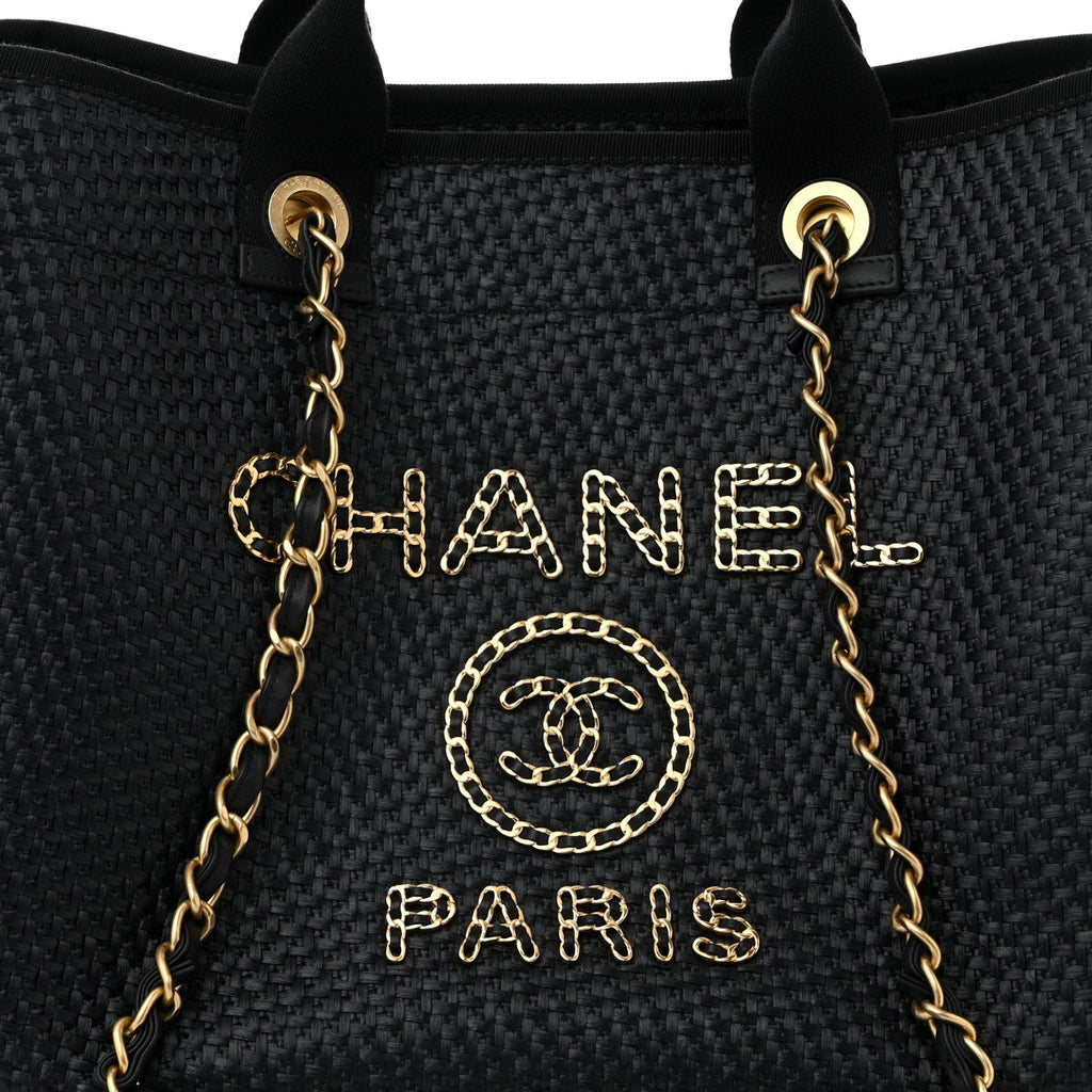 Straw Raffia Calfskin Chain Medium Deauville Tote Black