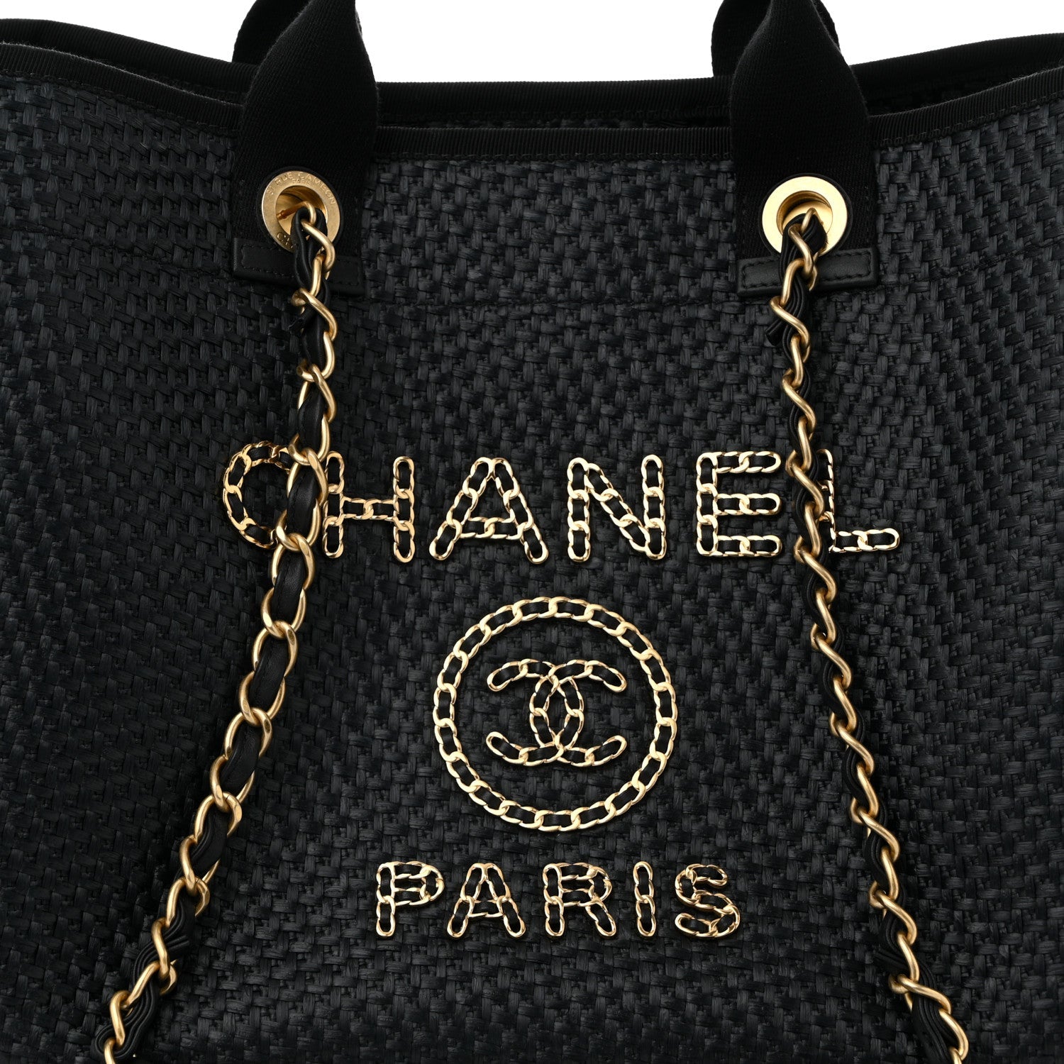 Straw Raffia Calfskin Chain Medium Deauville Tote Black
